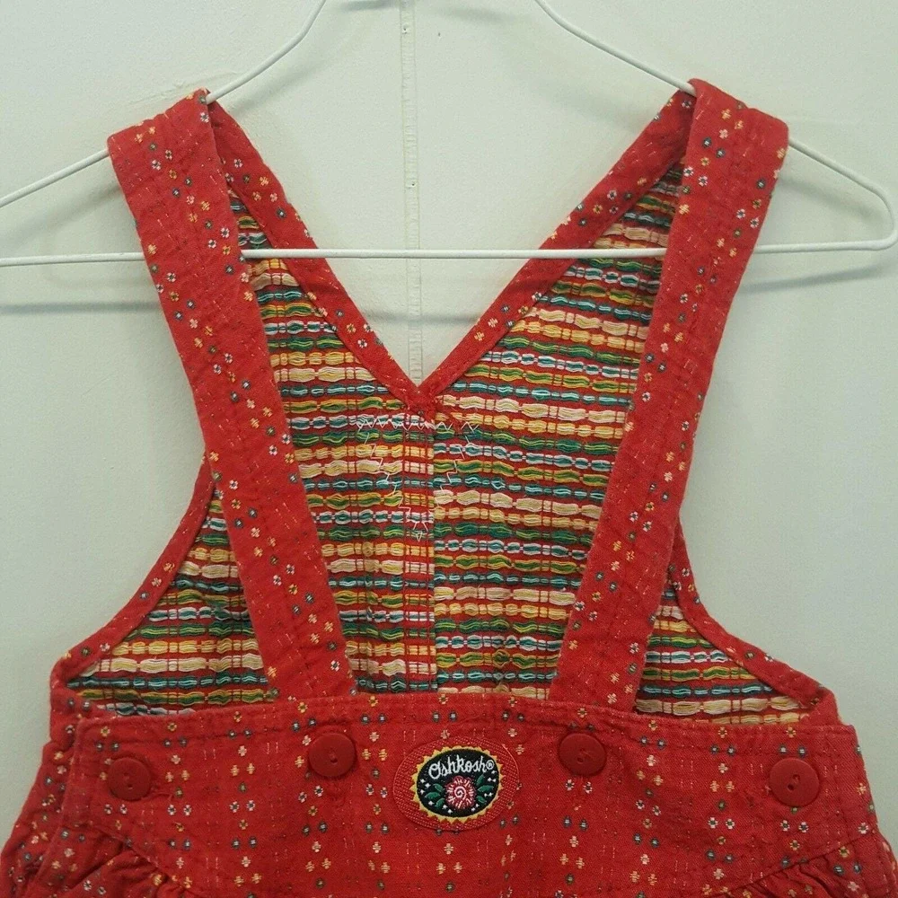 Oshkosh 2T Overall Dress Red Floral Vestbak Vintage USA Cotton Retro Fall Autumn